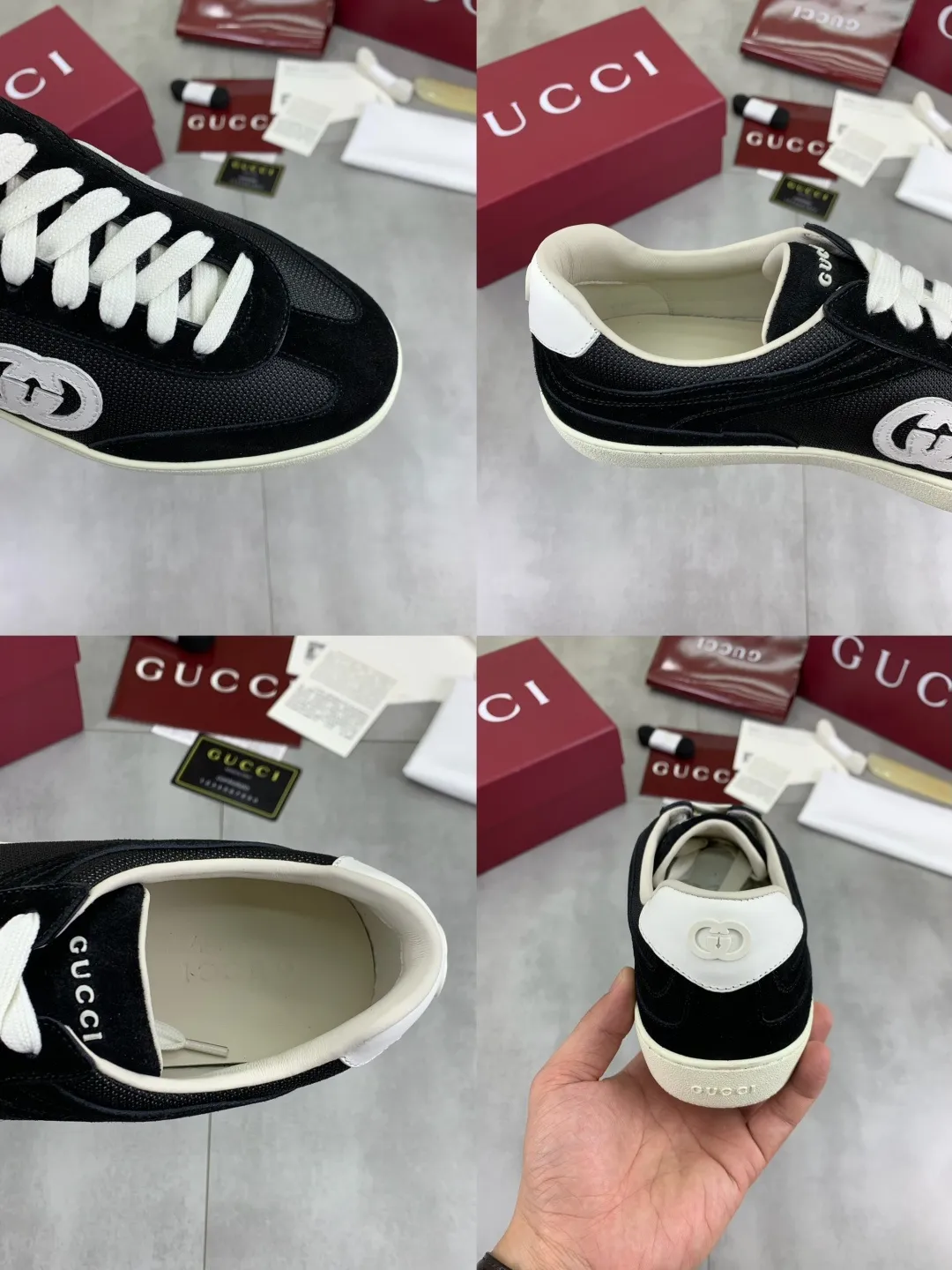 Men's shoes 💰P562 New GUCCI classic design moral training element catwalk model, matching version of top quality moral training shoes for men and women. Epoxy logo process is concave and convex, matching oil edge technology, punched cowhide cloth surface, suede cowhide surface splicing, breathable and not stuffy, the original overlasted shoe model is comfortable on the feet.  Fabric: Matched leather + cloth + mesh Lining: Water-dyed sheepskin Foot: Water-dyed sheepskin Outsole: Original molded TP matching environmentally friendly material Packaging: Top counter full set of packaging Female 35-42 (Female 41.42. Customized) Male 39-46 (46 customized)